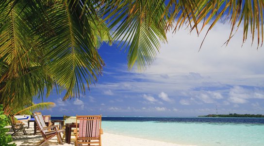 Relaxing on tropical paradise with white sand at Maldives and green palms with blue sky